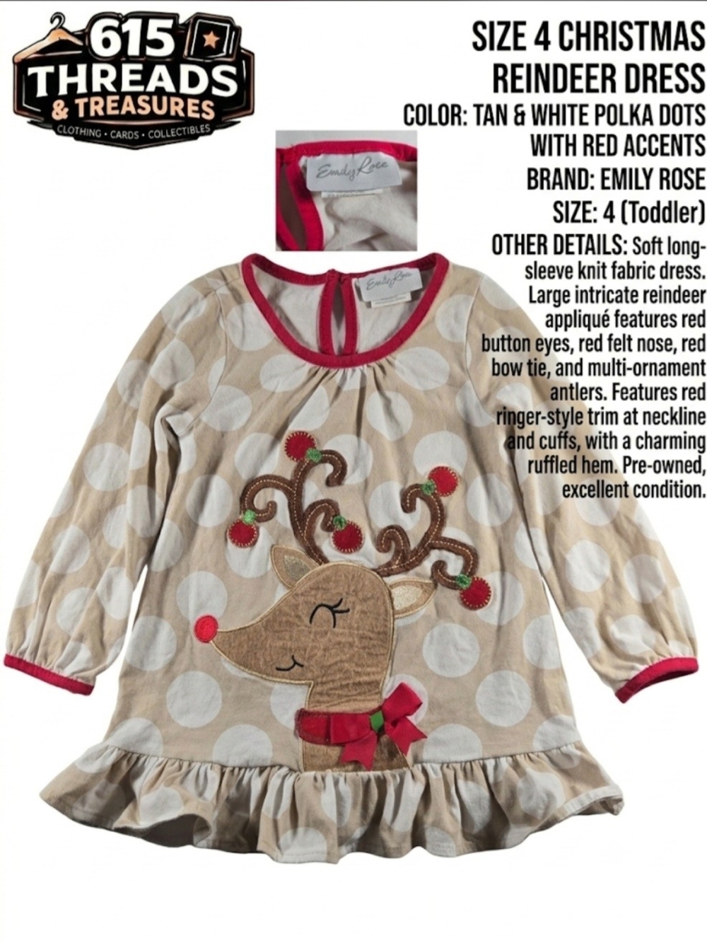 Emily Rose Tan & White Polka Dot Reindeer Dress with Red Trim